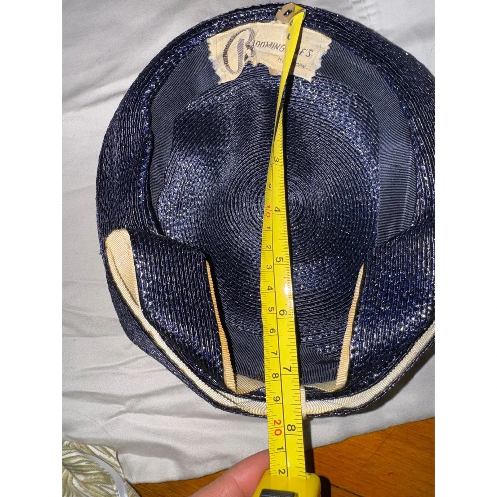Vintage Bloomingdales Navy Blue Metallic Woven Straw Pillbox Hat with Bow Accent